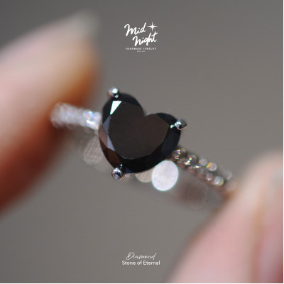 April Birthstone-Black Diamond Happy Heart Ring